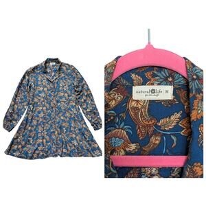 Natural Life Button Down Dress Womens M Blue Paisley Western Preppy Long Sleeve